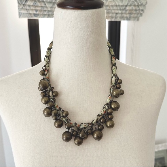 Flowered Ribbon & Brass Bead Statement Necklace - Picture 3 of 14